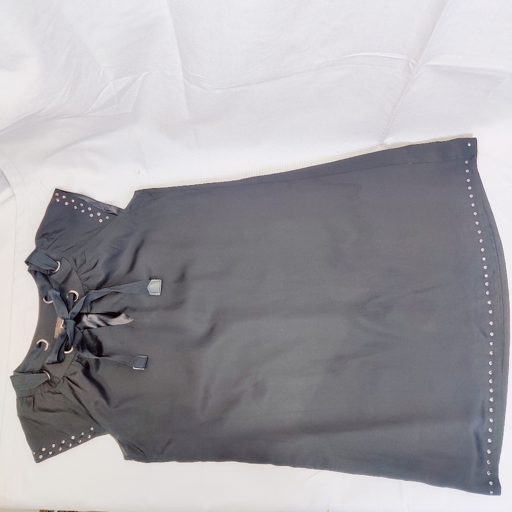 Staccato Black Silky Dress Cap Sleeve Above Knee Laced Tie Bow Collar Studs - Picture 5 of 16
